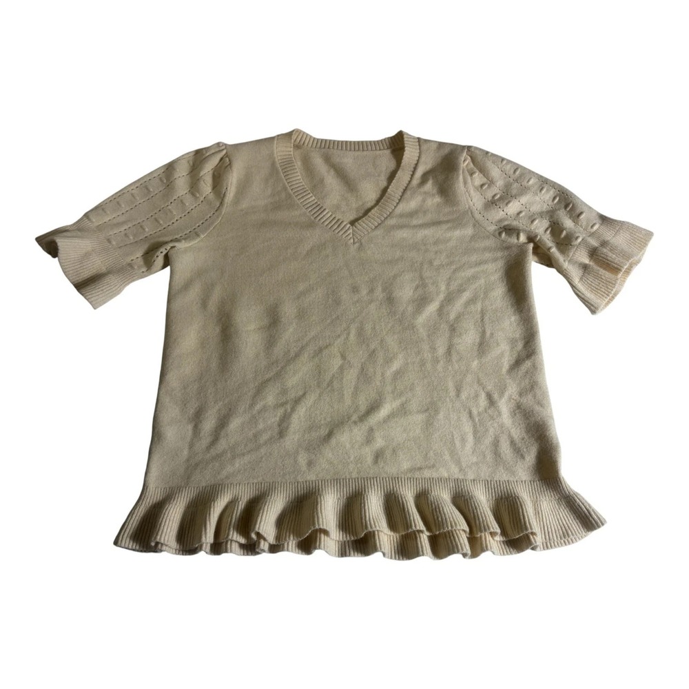 Womens Sweater XL Beige Knitted Stretch‎ Short Sleeve V Neck Ruffle Hem Pullover